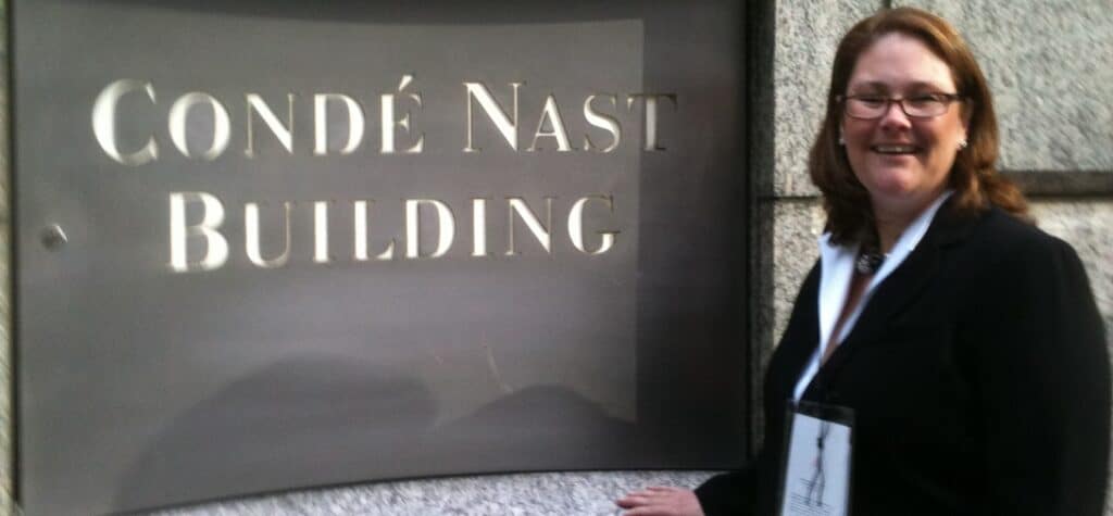 Woman in front of Conde Nast Building