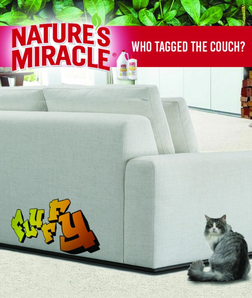 Nature's Miracle products with a cat by a couch