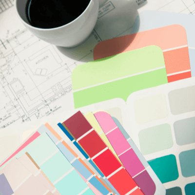 Paint palette and cup of coffee