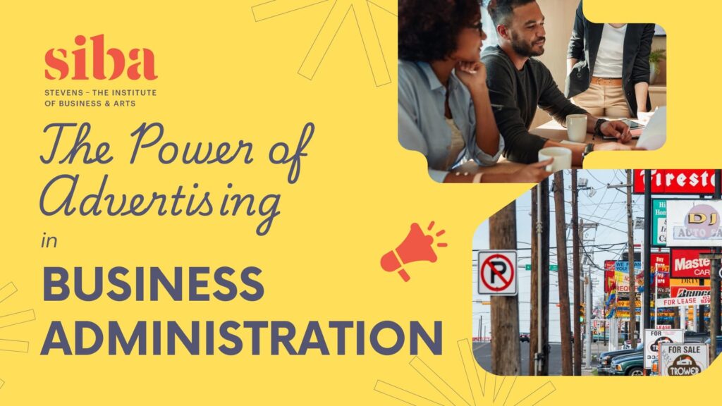 The Power of Advertising in Business Administration with signs for well-known businesses and people meeting about business