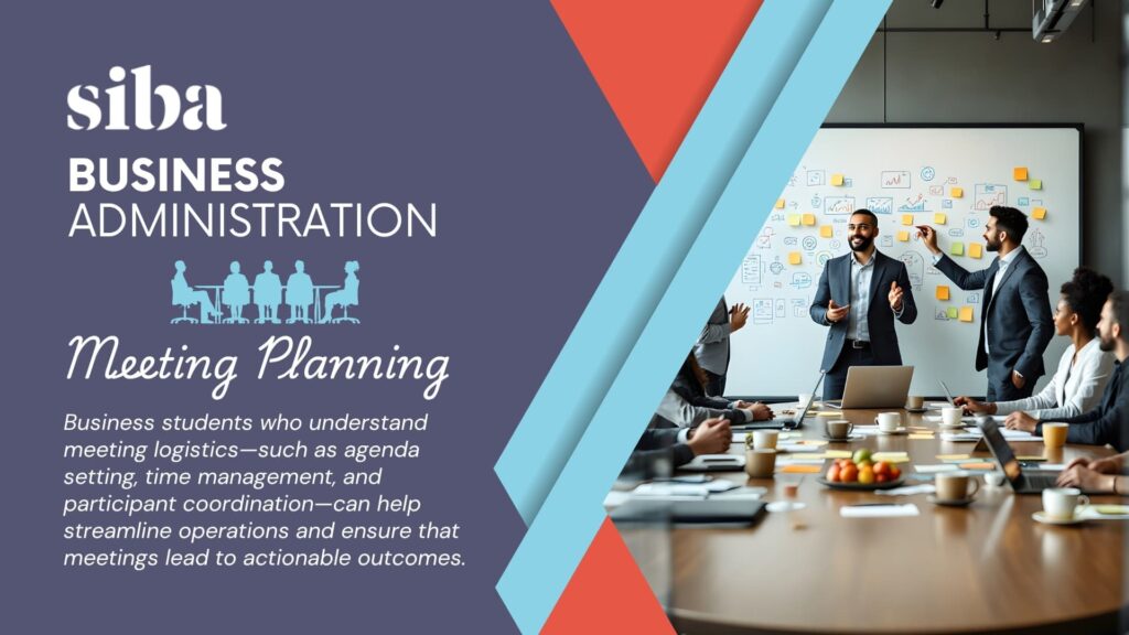 Meeting Planning Matters with a picture of people meeting around a conference room table with a white board with post it notes of ideas