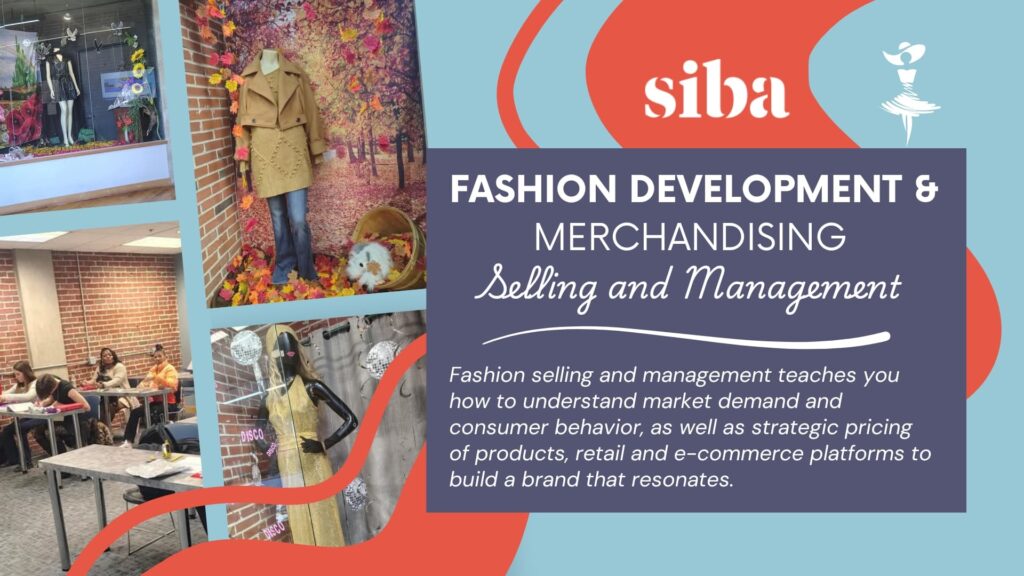 Dress, sweater and jeans in retail shopping window along with students in a class room studying fashion