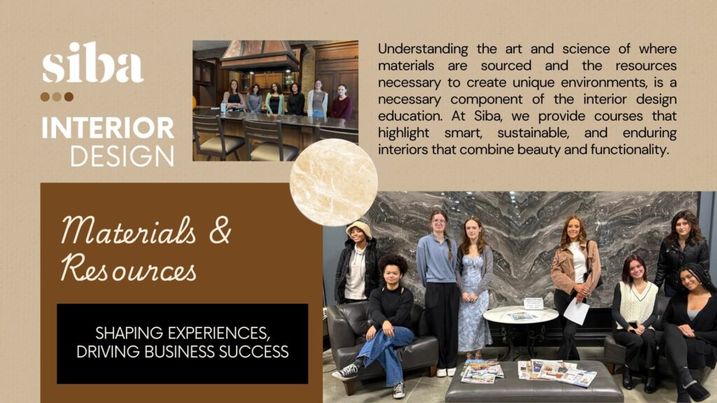 Students of Interior Design posing by a materials and resources field trip with a wall of marble behind them