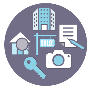 Real Estate Collage of icons with a commercial building, camera, contract, search house icon and key