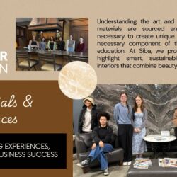 Students of Interior Design posing by a materials and resources field trip with a wall of marble behind them